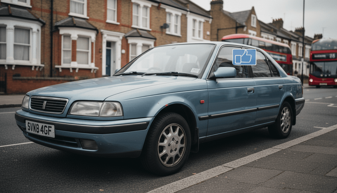 Person holding a smartphone next to a second-hand car on a London street