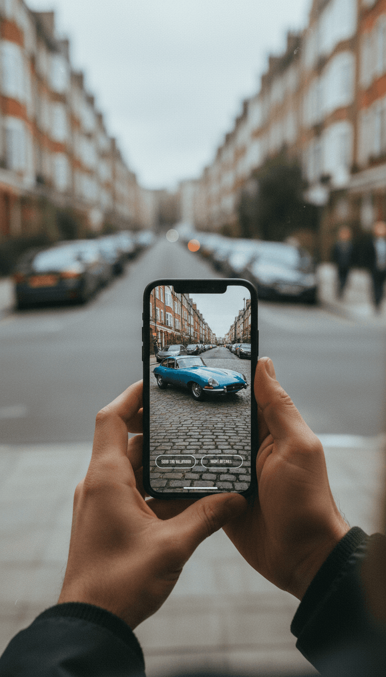 Hands holding a smartphone with a photo of a car on screen in London