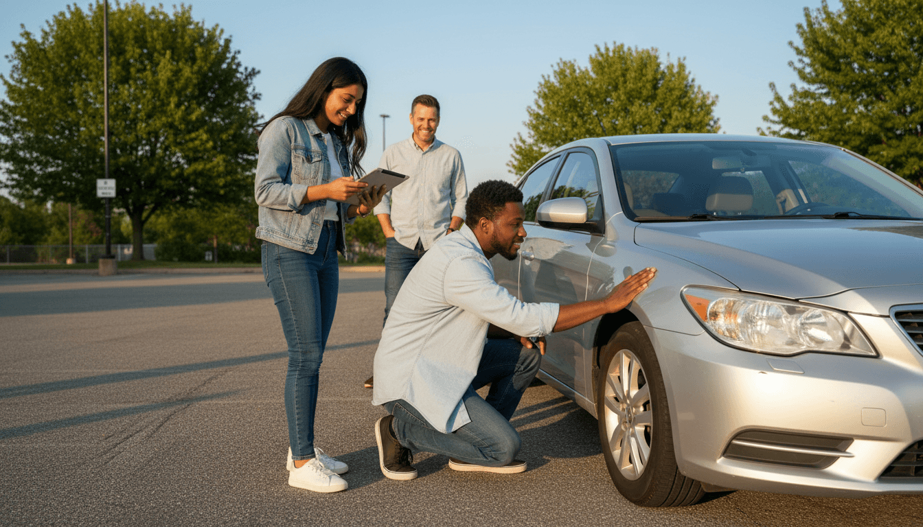 Diverse couple examining used sedan in sunny parking lot while consulting tablet during peer-to-peer vehicle transaction