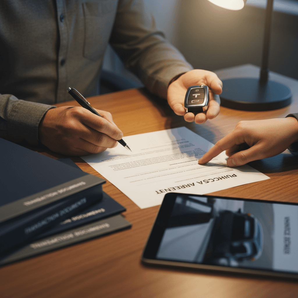 Handing car keys to a buyer with paperwork in hand