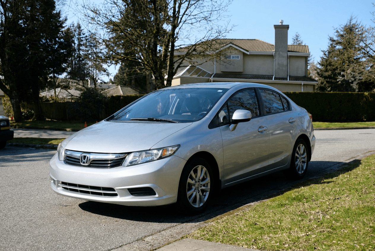 Typical second-hand grey Honda Civic saloon on a residential street, a few years old, ordinary used-car look, natural daylight
